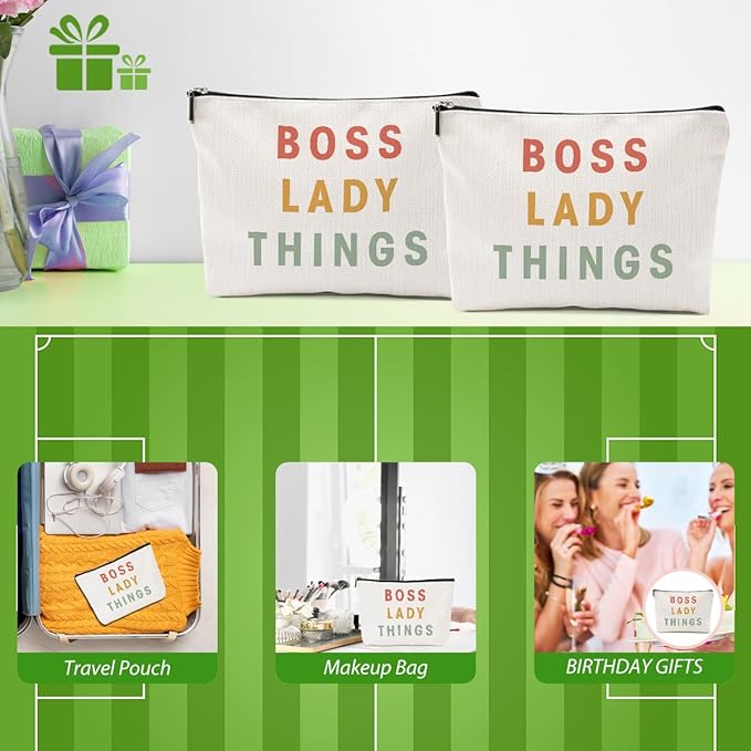 2pcs Boss Lady Gifts for Women Makeup Bag, Boss Lady Cosmetic Bag Thank You Gift from Coworker Mentor Supervisor Leader Christmas Birthday Retirement Gifts