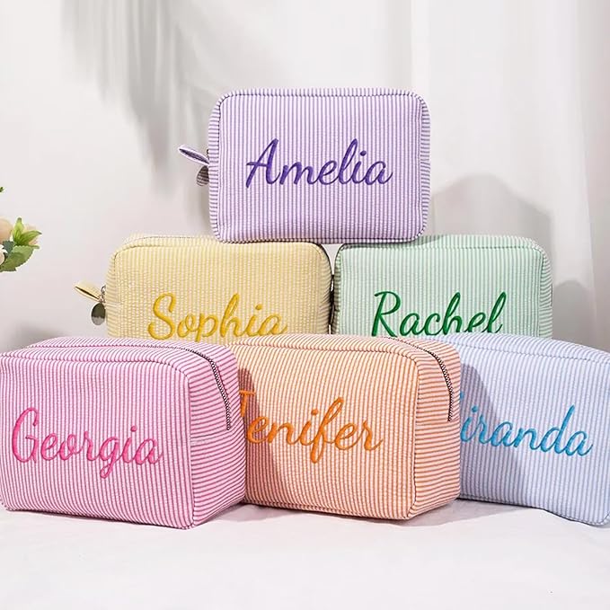 Yofair Personalized Makeup Bag with Bith Flower, Large Capacity Travel Toiletry Case Teen Girl Gift Trendy Stufff Custom Seersucker Cosmetic Bags Birthday Gifts for Girls