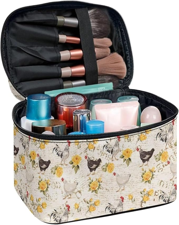 Chicken Yellow Rose Pattern Travel Makeup Bag for Women Large Capacity Cosmetic Bags with Zipper and Handle Make Up Tote Bags Organizer Portable Toiletry Bags