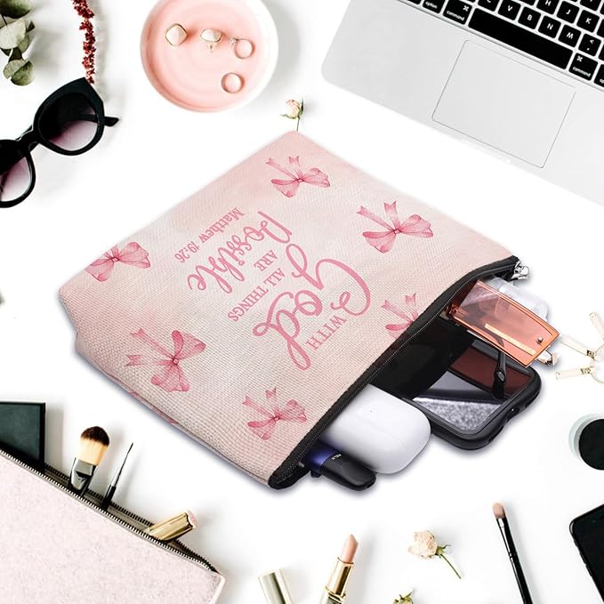 Bible Makeup Bag for Women, Christian Gifts for Women, Prayer Bible Supplies, Cute Aesthetic Coquette Pink Bow Cosmetic Bag Pouch