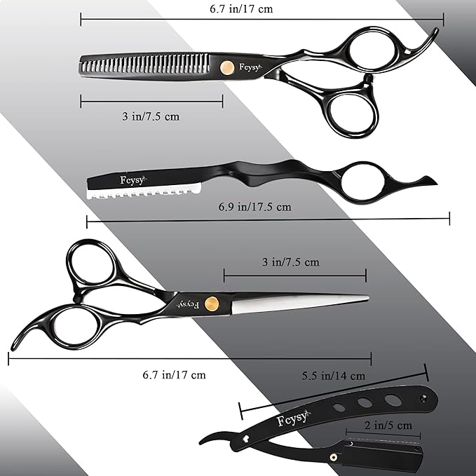 Hair Cutting Scissors Thinning Shears Kit for Haircutting, Fcysy Professional Barber Scissors Set, Black Haircut Scissor Blending Shears Straight Edge Razor Barber Supplies for Men Women