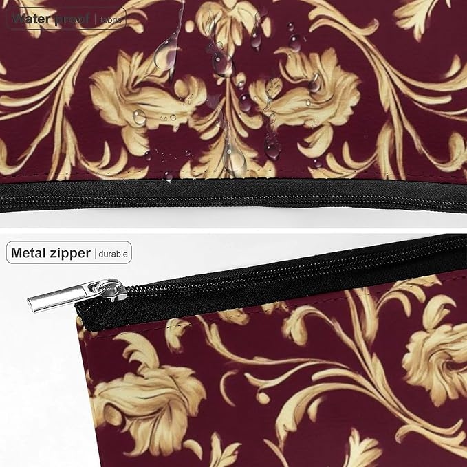 Fashion Zipper Cosmetic Case, Portable Makeup Case, Personality Toiletry Bag, Flower Maroon Gold Floral Classy Burgundy Antique Travel Cosmetic Toiletry Bag