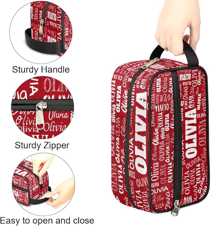 Custom Makeup Toiletry Bag, Personalized Red Travel Cosmetic Organizer Case Portable Bag with Zipper