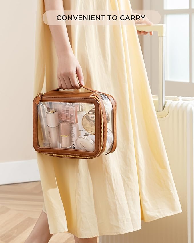 HBlife Clear Makeup Bag Organizer, Portable Travel Toiletry Cosmetic Bag Case for Women, Large Make Up Bag Makeup Train Case Transparent Storage Bag Pouch with Handle(Brown)