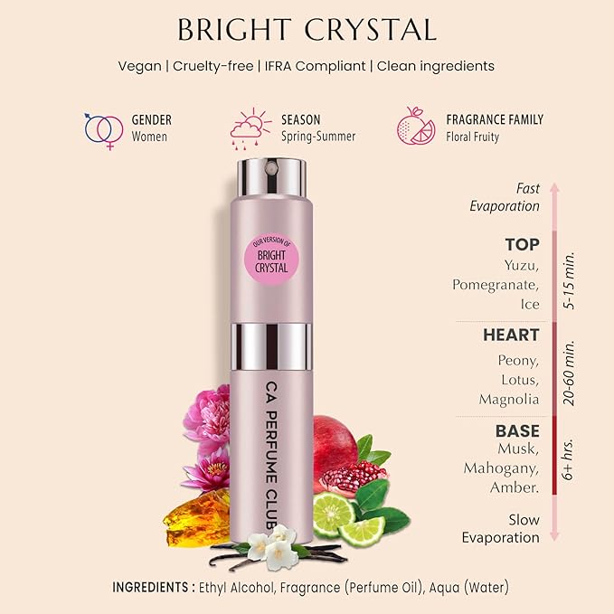 CA Perfume Impression of Bright Crystal For Women Replica Version Fragrance Dupes Eau de Parfum Spray Refillable Atomizer Bottle 0.27 Fl Oz/ 8ml