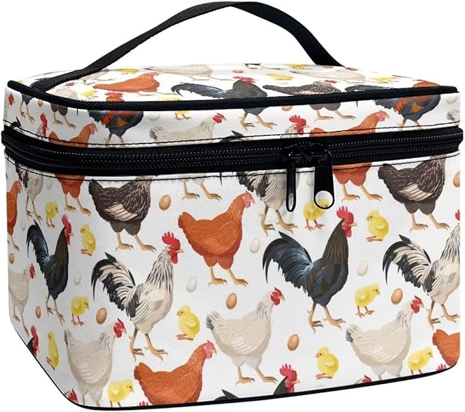 Cute Farm Chicken Rooster Print Travel Makeup Bag for Women Large Capacity Cosmetic Bags with Zipper And Handle Make Up Tote Bags Organizer Portable Brushes Case Toiletry Bags