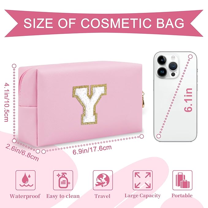 Personalized Initial A-Z Preppy Patch Makeup Bag,Small PU Chenille Letter Cosmetic Bag with Zipper for Teen Girls,Pink Cute Toiletry Organizer Bag,Monogram Makeup Case Gift for Women Girls,Letter Y
