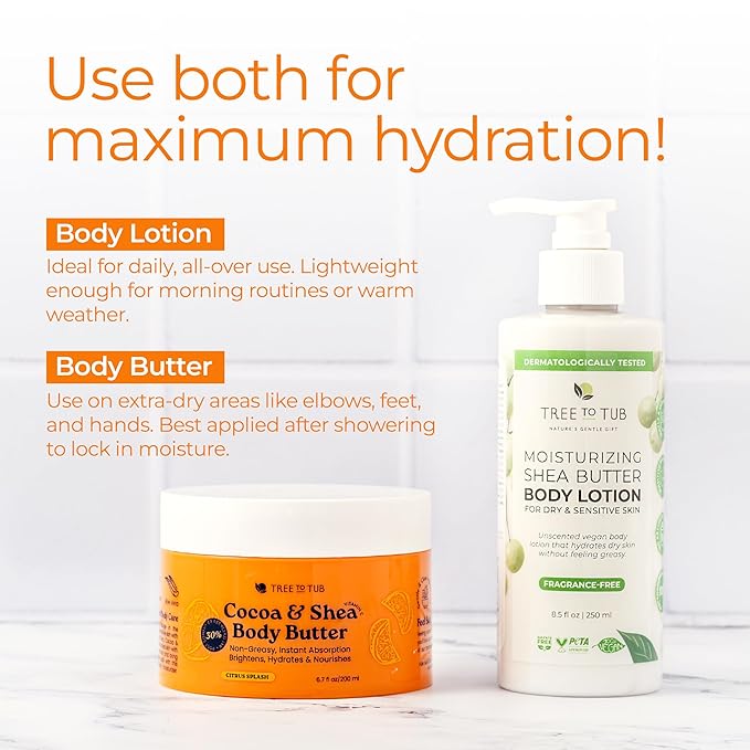 Tree to Tub Shea Body Butter for Dry, Extremely Dry, Sensitive Skin - Moisturizing Body Cream for Women & Men, Hydrating Body Lotion Moisturizer w/Vitamin C, Organic Cocoa, All Natural Citrus Scent