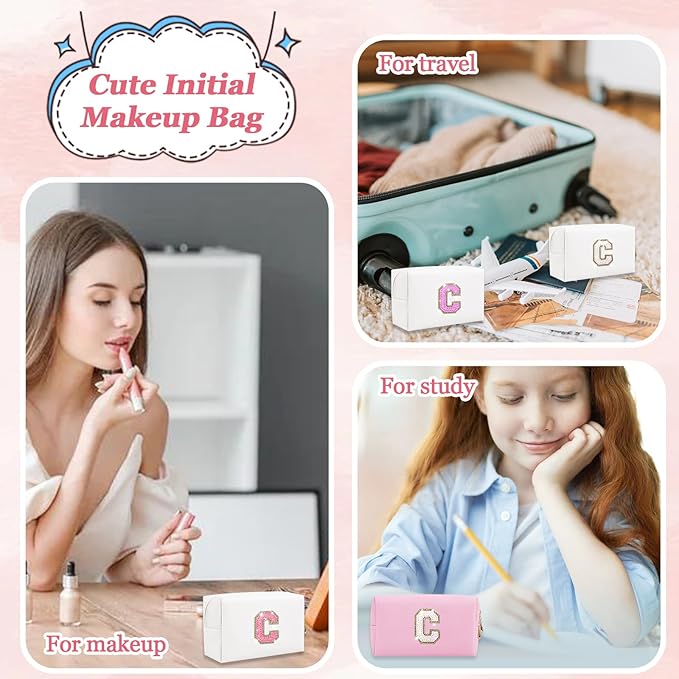 Personalized Initial Letter Makeup Bag, Preppy Glitter Letter Patch Cosmetic Pouch Zipper,PU Waterproof Travel Toiletry Bag Cute Makeup Organizer Monogrammed Make Up Bag,Gift for Women Girls
