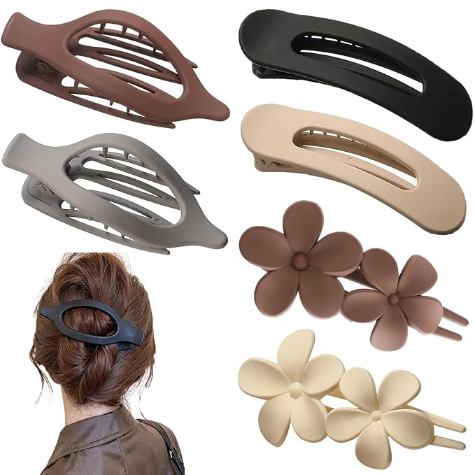 6 PCS Flat Hair Clips, French Lay Flat Claw Clips for Women Girls, 3 Styles Strong Hold Non-slip Matte Hair Claws for Thin Thick Hair(Brown&Grey)