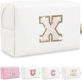 Initial Letter Patch Makeup Bag, Preppy Glitter Letter Pouch Cosmetic Bag,Small PU Travel Toiletry Bag Zipper,Personalized Monogrammed Gift for Friends Sister,Cute Stuff for Women Teen Girls(Letter X)