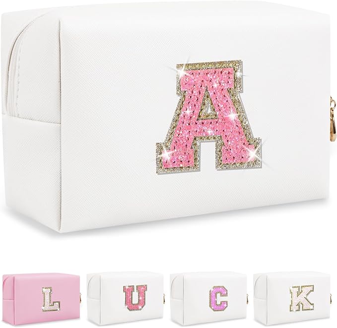 Personalized Initial Letter Makeup Bag, Preppy Glitter Letter Patch Cosmetic Pouch Zipper,PU Waterproof Travel Toiletry Bag Cute Makeup Organizer Monogrammed Make Up Bag,Gift for Women Girls(Letter A)