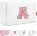 Personalized Initial Letter Makeup Bag, Preppy Glitter Letter Patch Cosmetic Pouch Zipper,PU Waterproof Travel Toiletry Bag Cute Makeup Organizer Monogrammed Make Up Bag,Gift for Women Girls(Letter A)