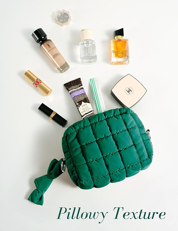 Yarnic Quilted Makeup Bag Cosmetic Bag, Travel Toiletry Bag for Women, Cute Makeup Bag Organizer Puffer Makeup Pouch (S, Deep Green)