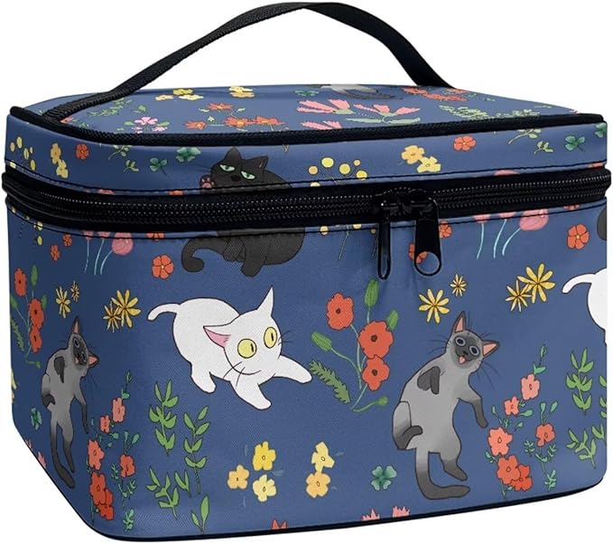 JoyLamoria Cat Floral Portable Cosmetic Bag Cute Makeup Case Zipper Closure