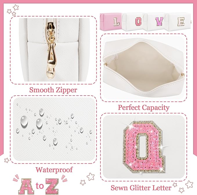 Personalized Initial Makeup Bag, Small Preppy Glitter Letter Cosmetic Pouch PU Waterproof Zipper Travel Toiletry Bag, Unique Letter Patch Makeup Organizer Gift for Women Teen Girls