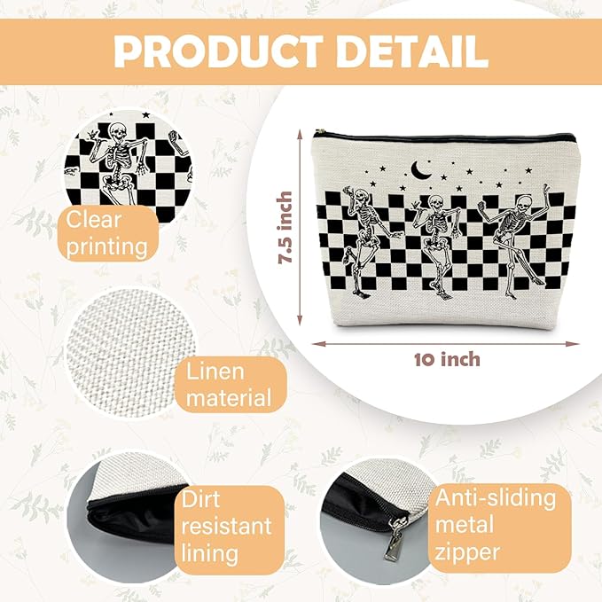 Funny Gothic Skeleton Makeup Bag - Halloween & Witchy Pouch for Women - Dark Academia & Horror Design (White)