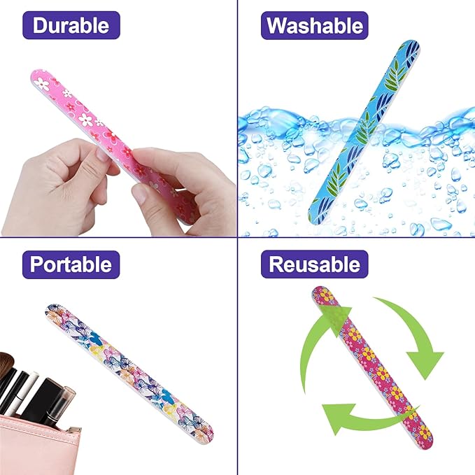 Nail Files (24 Pack), Colorful Emery Board Nail File for Natural Nails Double Sided 180 Grit Professional Fingernails Emory Boards Buffer Manicure Tool Nail Shaping Buffing Smoothing Filers Flowery