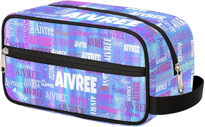 Custom Makeup Toiletry Bag, Personalized Travel Cosmetic Organizer Case Portable Bag with Zipper, Gradient Blue Color Striped Background
