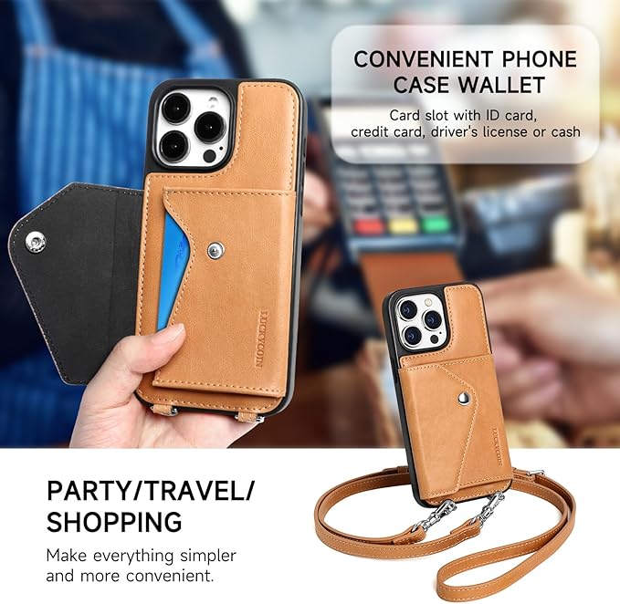 LUCKYCOIN Crossbody Wallet Phone Case for iPhone 15 Pro Max,100% Genuine Leather Wallet Phone Case with Expandable Flip Card Holder,Phone Purse for Women with Adjustable Removable Strap - Tan