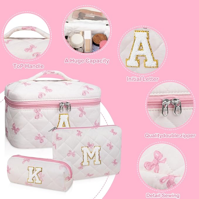 Initial Makeup Bag Set, Personalized Quilted Makeup Bag, Large Floral Cosmetic Bag for Women, Cute Cotton Custom Make up Bags, Flower Travel Toiletry Bag Teen Girl Gift Pink Butterfly A