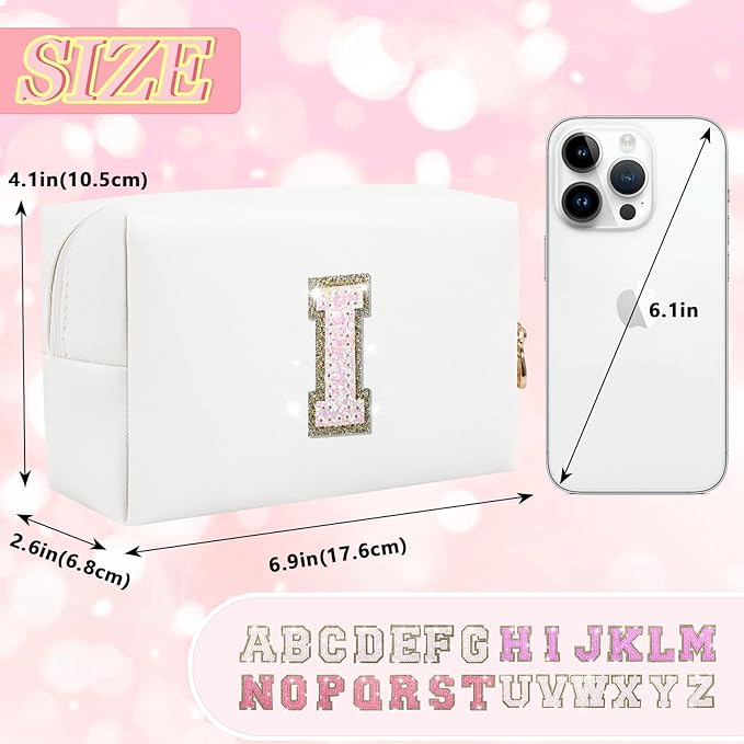 Initial Letter Patch Makeup Bag, Small Preppy A-Z Glitter Letter Cosmetic Bag, PU Leather Waterproof Travel Toiletry Bag, Cute Make Up Pouch Personalized Monogrammed Gift for Women Teen Girls