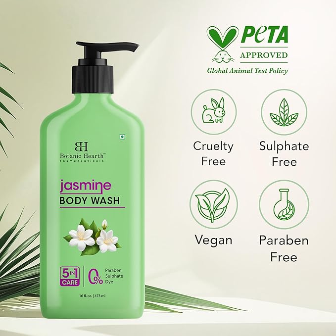 Botanic Hearth Jasmine Body Wash, 5-in-1 Care Formula, Paraben & Sulphate Free, 16 fl oz (473 ml), Gentle Body Cleanser with Soothing Floral Fragrance
