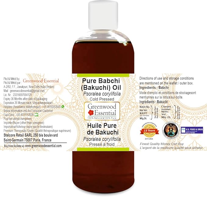 Greenwood Essential Babchi (Bakuchi) Oil (Psoralea corylifolia) | Cold Pressed | Natural | Undiluted | For Diluting Essential Oils | For Skin & Massage | Men & Women | 200ml (6.76 oz)