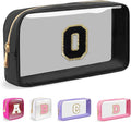 Small Clear Personalized Initial Makeup Bag, Preppy Nylon A-Z Chenille Letter Patch Makeup Organizer TSA Approved Travel Toiletry Bag,Waterproof Zip Beach Cosmetic Pouch Purse for Women(Black-Black O)