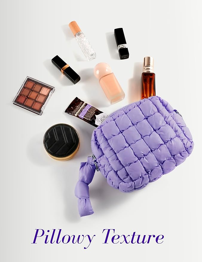 Yarnic Quilted Makeup Bag Puffy Cosmetic Bag, Quilt Travel Toiletry Bag for Women, Cute Puffer Makeup Bag Organizer Soft Make up Pouch (Lavender, S)