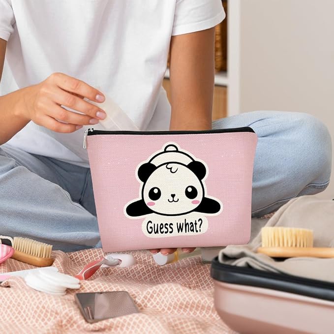 Panda Gifts Pink Makeup Bag,Gifts for Panda Lover Wonmen Girls,Cute Baby Panda Guess What It's Pug Butt Cosmetic Bag,Makeup Case for Teen Girls Daughter, Panda Accessories