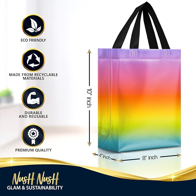 Nush Nush Rainbow Gift Bags Medium Size – Set of 12 Pastel Gradient Reusable Gift Bags With Holographic Finish - Ideal Goodie Bag for Kids Birthday Party, Girl Party Favors, Thanksgiving - 8x4x10