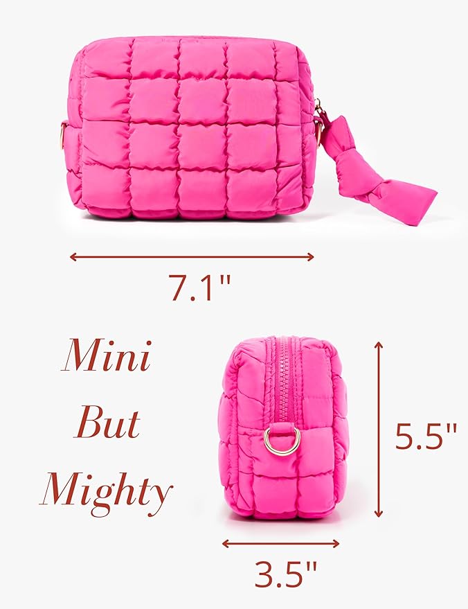 Yarnic Quilted Makeup Bag Cosmetic Bag, Travel Toiletry Bag for Women, Cute Makeup Bag Organizer Puffer Makeup Pouch (Neon Pink, S)
