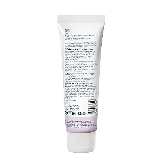 ATTITUDE Body Cream for Sensitive Skin with Oat, EWG Verified, Dermatologically Tested, Vegan, Chamomile, 8 Fl Oz