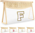 Personalized Initial Letter Bag Boho Straw Clear Makeup Bag,Small Cute Chenille Varsity Letter Bag With Zipper,Beach Travel Toiletry Bag,Portable Monogrammed Cosmetic Bag for Women Girls,F