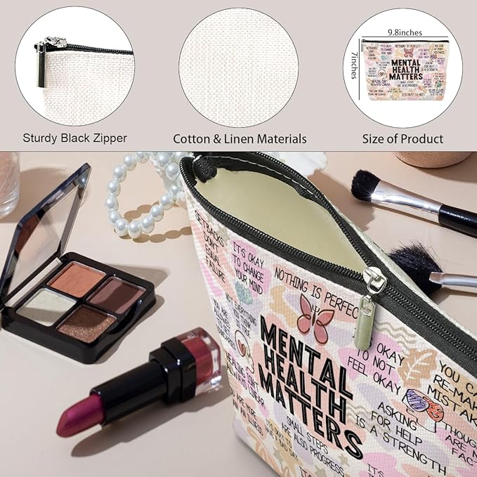 Mental Health Gifts Makeup Bag Positive Affirmations Mental Health Awareness Inspirational Gifts for Women Female Friend Coworker Birthday Friendship Mothers Day Nurse Day Travel Toiletry Bag
