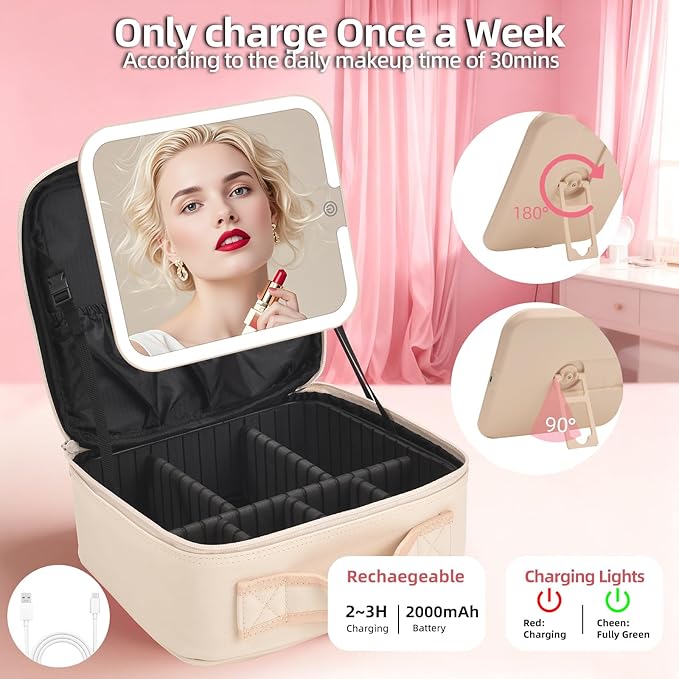 Travel Makeup Bag with LED Mirror,Removable Mirror with 3 Color Modes,Portable makeup travel organizer for Women,Makeup Case with 8 Adjustable EVA Dividers,Cosmetic Train Case with Lighted Mirror