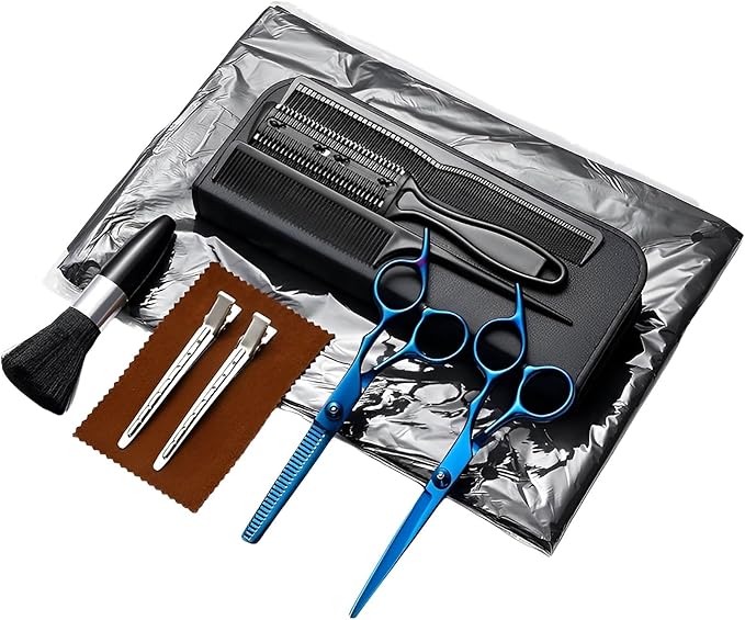 Hair Cutting Scissors Kit 11PCS, Professional Haircut Scissors with Japanese Stainless Steel Shears, Thinning Shears, Haircut Accessories in Leather Case for Salon/Home (Blue)