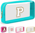Small Clear Personalized Initial Makeup Bag, Preppy Nylon A-Z Chenille Letter Patch Makeup Organizer TSA Approved Travel Toiletry Bag,Waterproof Zip Beach Cosmetic Pouch Purse for Women(Cyan-White P)