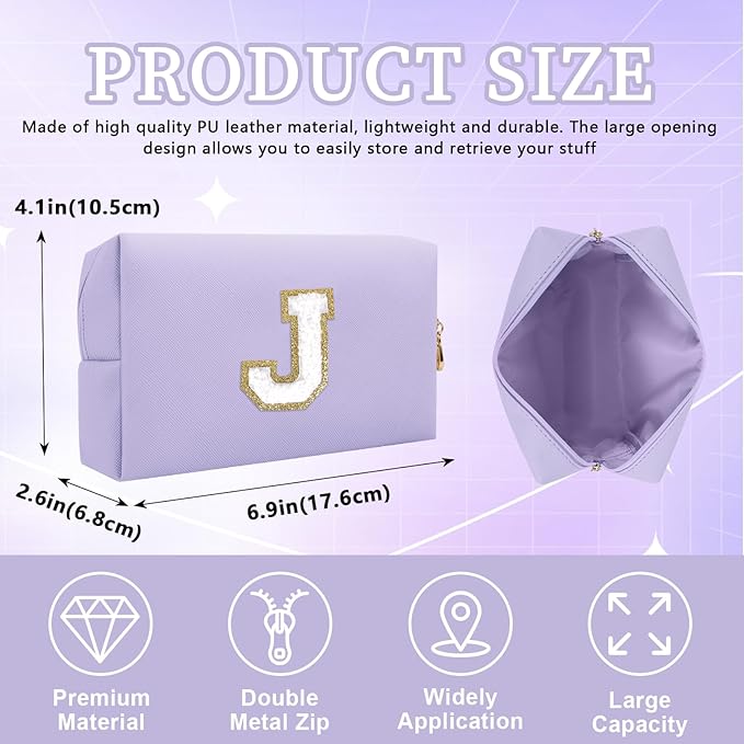 Personalized Initial Letter Patch Makeup Bag, Preppy Small Chenille Cosmetic Bag with Zipper, PU Leather Waterproof Travel Toiletry Bag Monogram Make Up Pouch for Women Girls