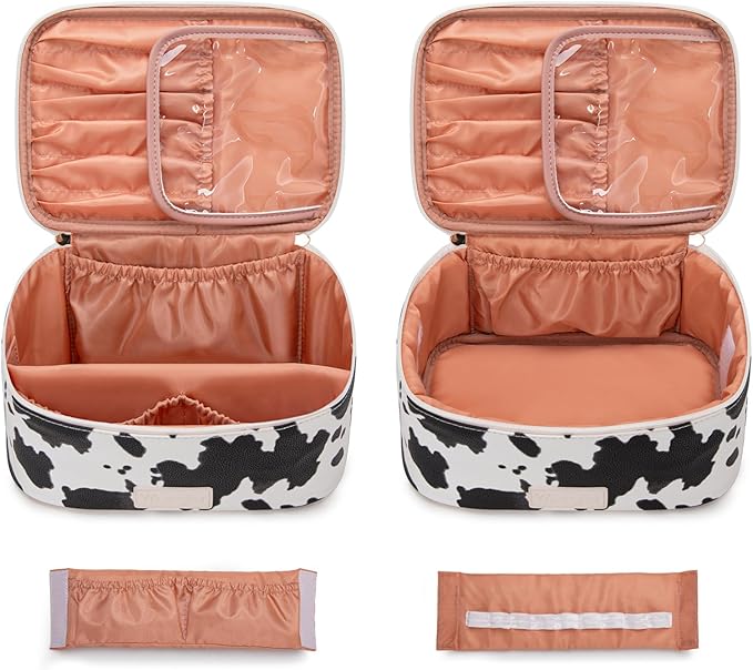 Montana West X Wrangler Travel Makeup Bag 2pcs Set Large Cosmetic Bag with Makeup Brush Holder Portable Make Up Organizer Cute Toiletry Bag with Divider and Handle for Women Cow Brown