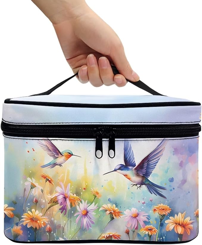Hummingbird Vibrant Floral Pattern Travel Makeup Bag for Women Large Capacity Cosmetic Bag with Zipper and Handle Portable Toiletry Bag Make Up Organizers