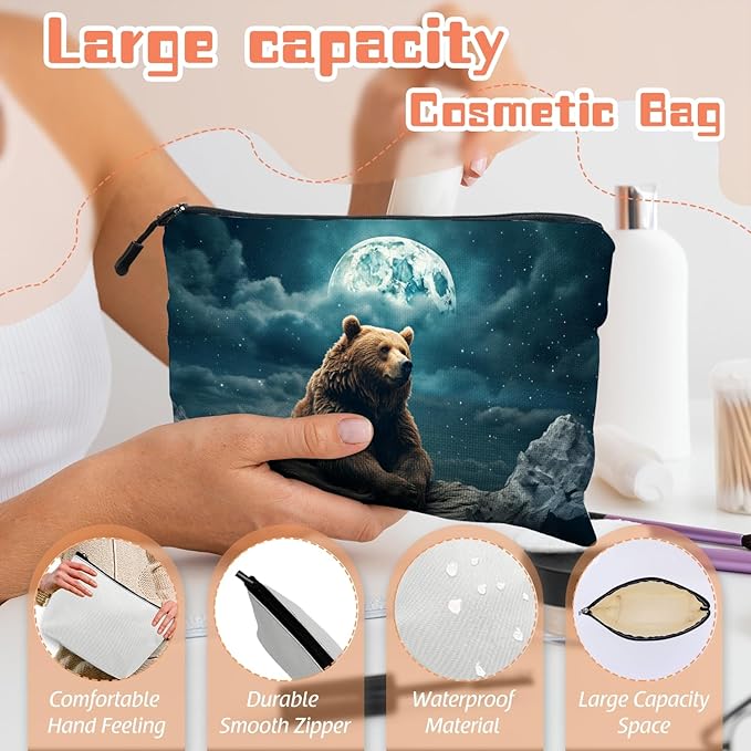 Cosmetic Bags Travel Makeup Toilet Case Waterproof Pouch for Women Girls 6.7X9.45inches - Brown Bear on Rock Under A Starry Sky And Moon