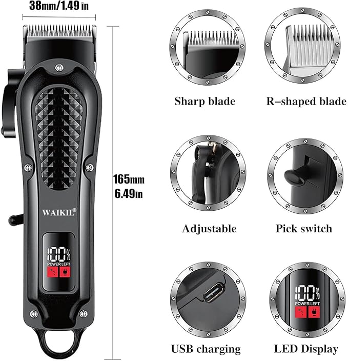 WAIKIL Hair Clippers Professional Cordless for Men, Barber Clippers for Hair Cutting Kit,Rechargeable Haircut Machine for Family,Wireless LCD Display Hair Trimmers Set