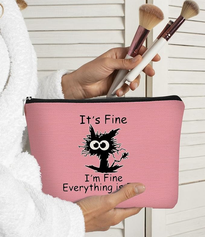 Cat Makeup bag It's Fine Everything is Fine Inspirational Funny Cat Kitten,Cosmetic Bag Zipper Travel Toiletry Bag， Gift Idea for Cat Lovers Teen Girls,Cat Owners Gifts,Birthday Gift(Pink)