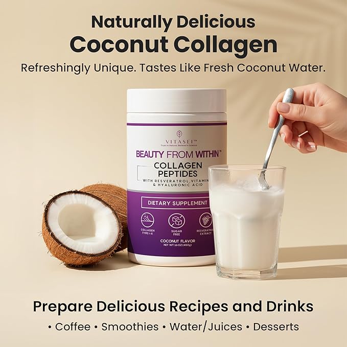 VITASEI Hydrolyzed Collagen Peptides Powder with Vitamin C & Resveratrol - Hair, Skin and Nails Vitamins for Women & Men - Bone and Joint Supplement - Coconut Flavored - 16 oz