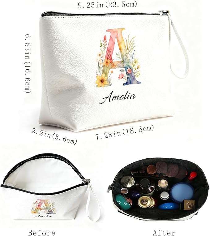 Personalized Makeup Bag Initial&Birth Flower Custom Small Travel Cosmetic Bag with Name Cute Makeup Bag for Women Girls