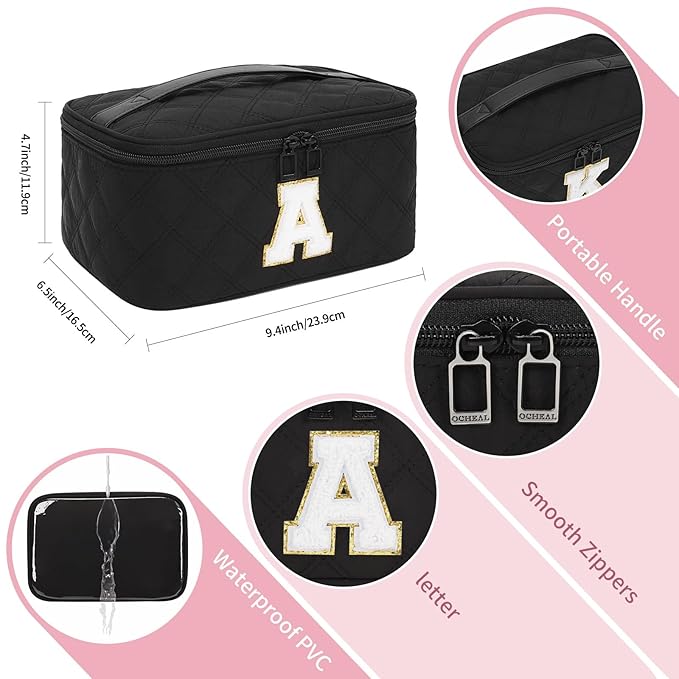OCHEAL Makeup Bag for Women, Monogram Cosmetic Bag with Brush Holder,Black Travel Makeup Case Beauty Toiletry Bag Organizer Personalized Gifts for Girls Bridesmaid, Sister, Wife, Friends Initial A