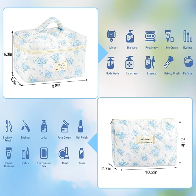 3Pcs Cotton Quilted Makeup Bag for Women Girls Large Small Travel Floral Cosmetic Bags Set Cute Coquette Zipper Makeup Pouch for Purse Aesthetic Cloth Flower Storage Toiletry Bag Organizer