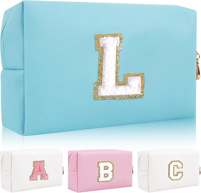 Personalized Initial Letter Patch Makeup Bag, Preppy Portable Chenille Cosmetic Bag with Zipper, PU Leather Waterproof Travel Toiletry Bag Monogram Make Up Pouch for Women Girls
